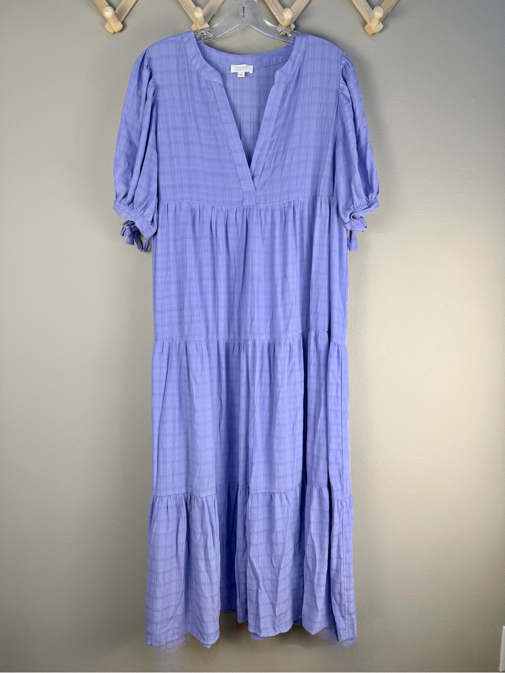 ODDI Lavender Tiered Midi Dress Large Purple Plaid Textured Short Puff Sleeve